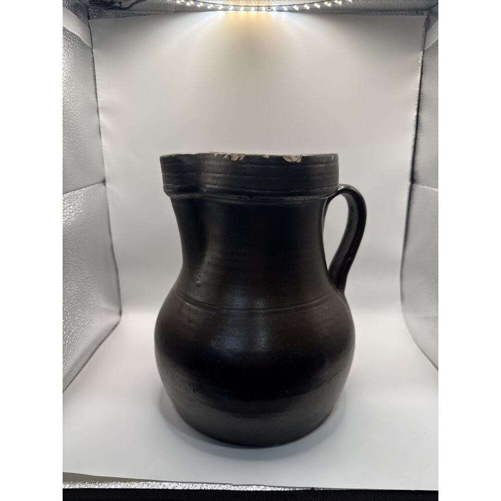 Antique Primitive 19th Century Stoneware Brown Pitcher with Pour Lip
